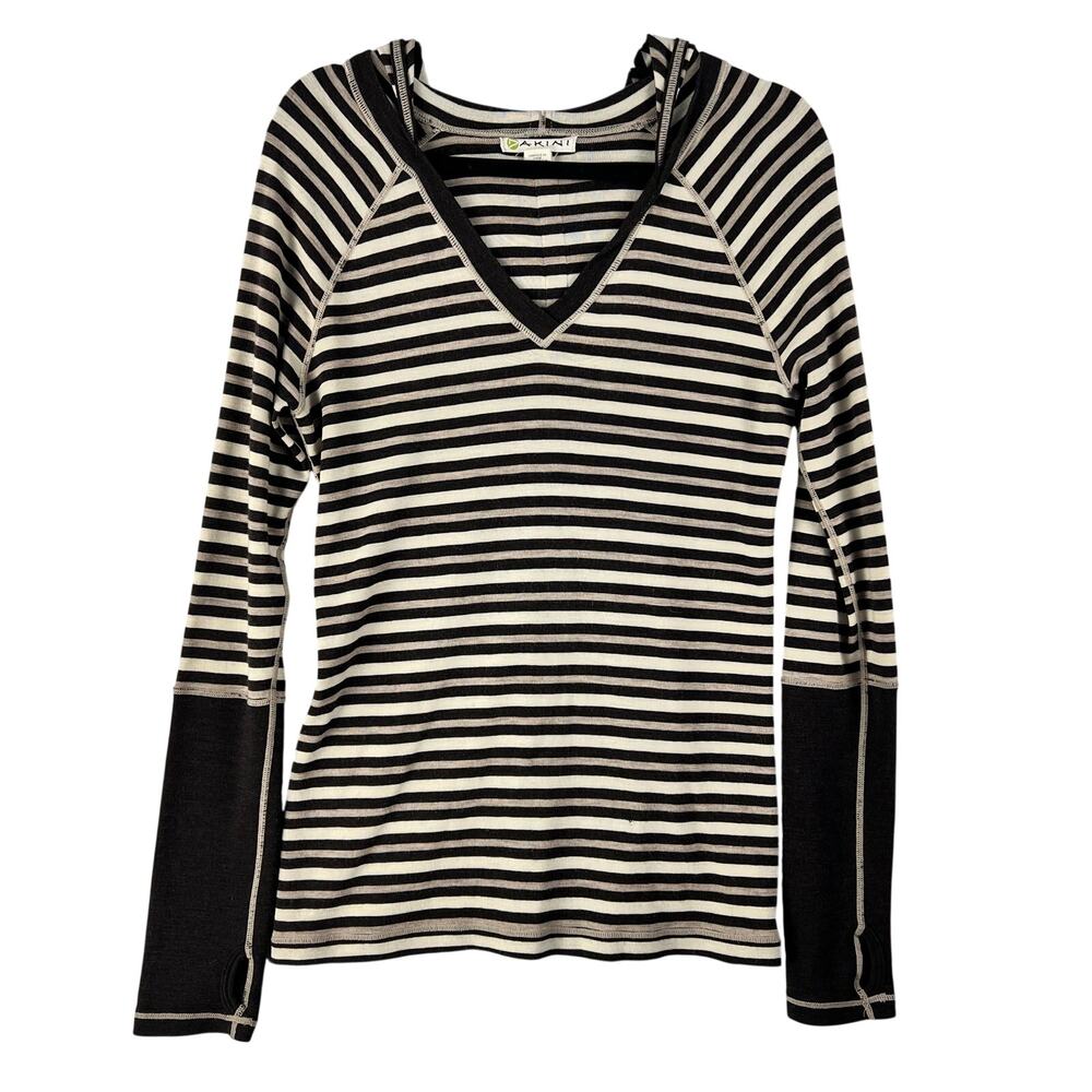 Akini Women's 100% Merino Wool Striped V-Neck Hoodie Thumbholes Brown/Cream SZ L